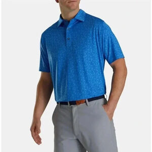 Footjoy Men’s Golf Shirt L Royal Blue Floral Athletic Fit FJ Collar Logo‎ Polo